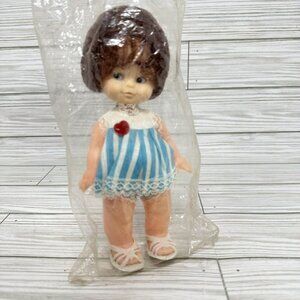 Honey Child Baby Girl Doll Plastic Brown Hair Blue Stripe Dress VTG Hong Kong 7"